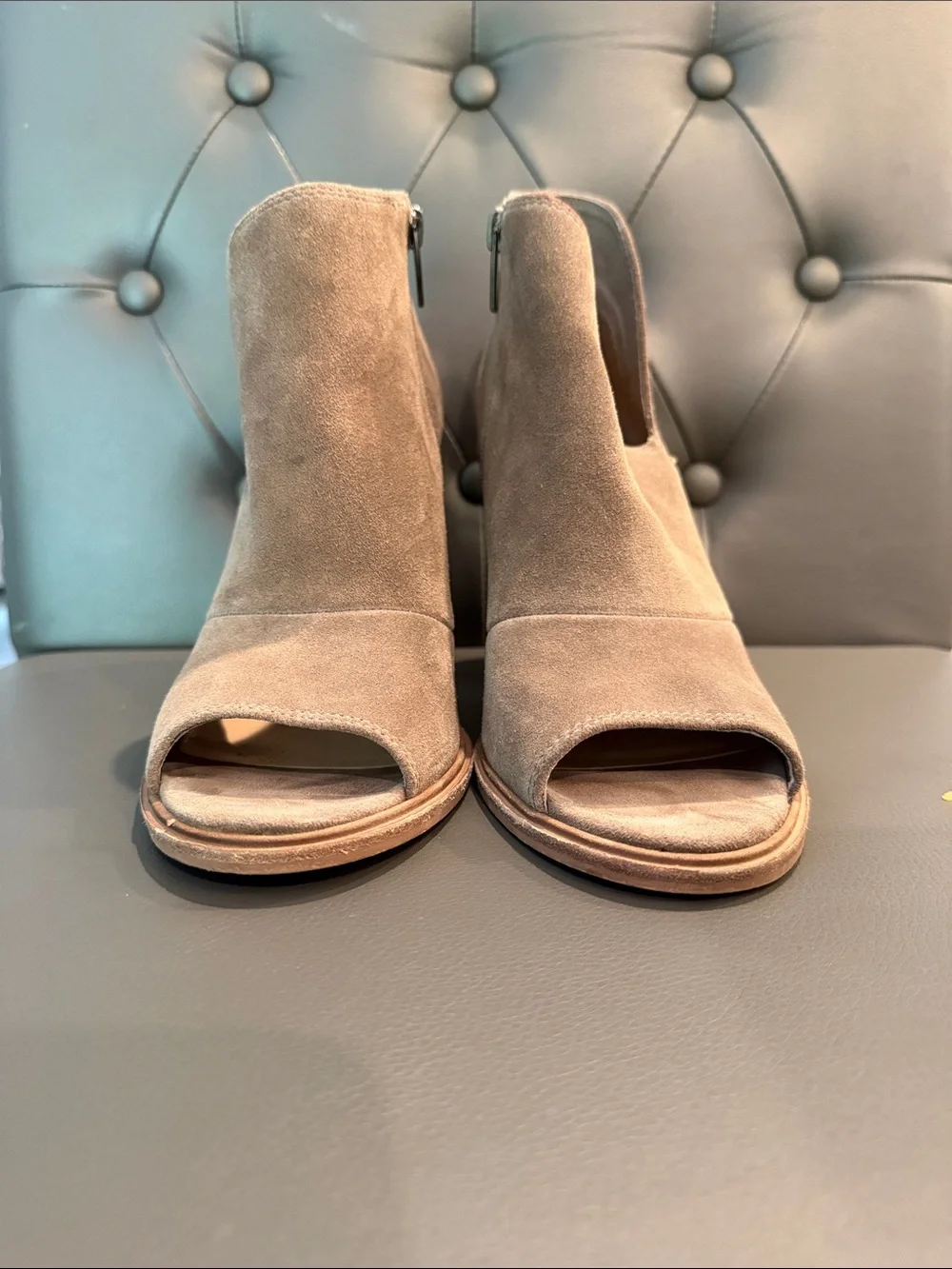 Vince Camuto Women’s Suede Peep-Toe Ankle Boot in Taupe size 8.5